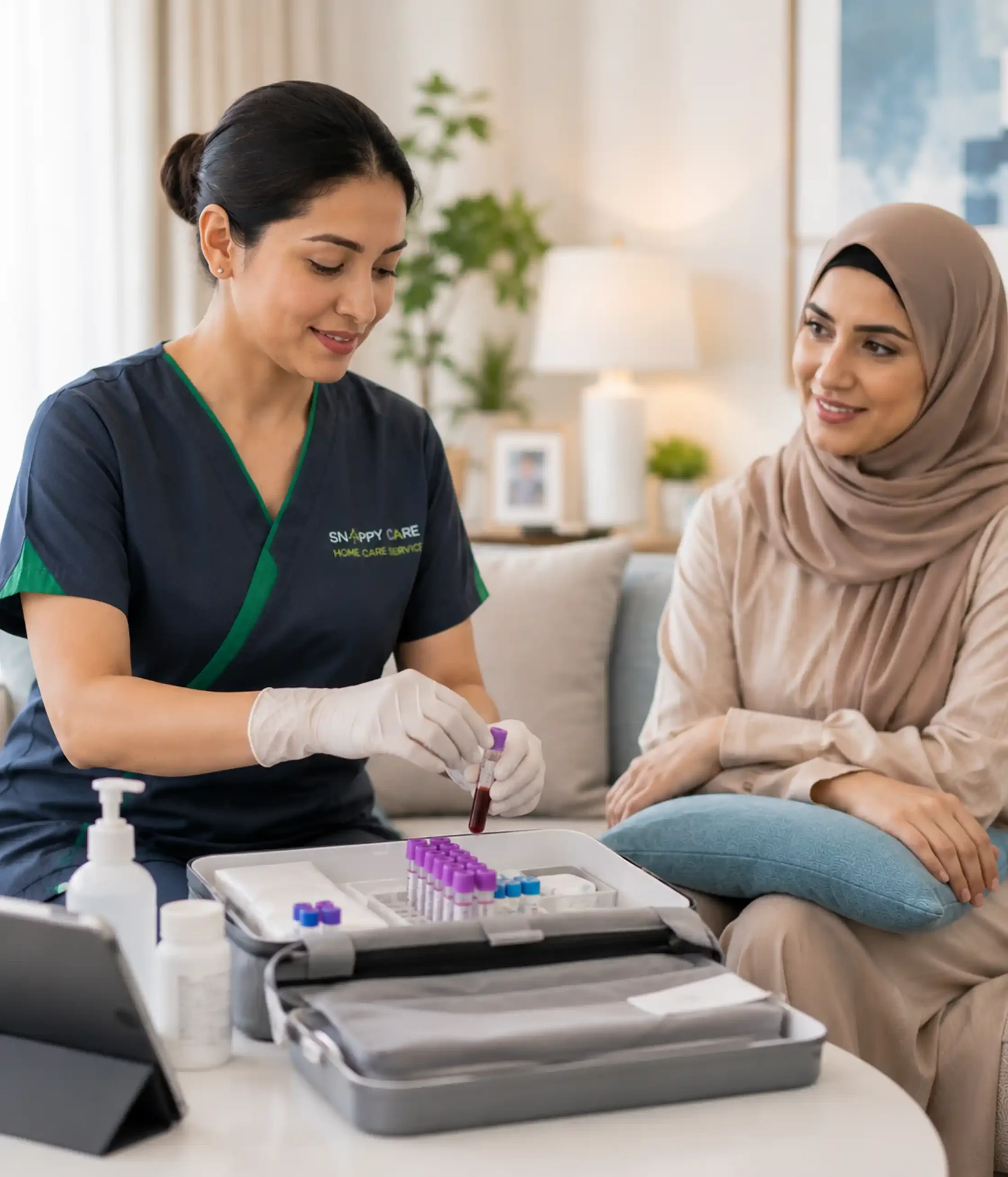 Caregiver assisting with Lab Test at Home Care at home