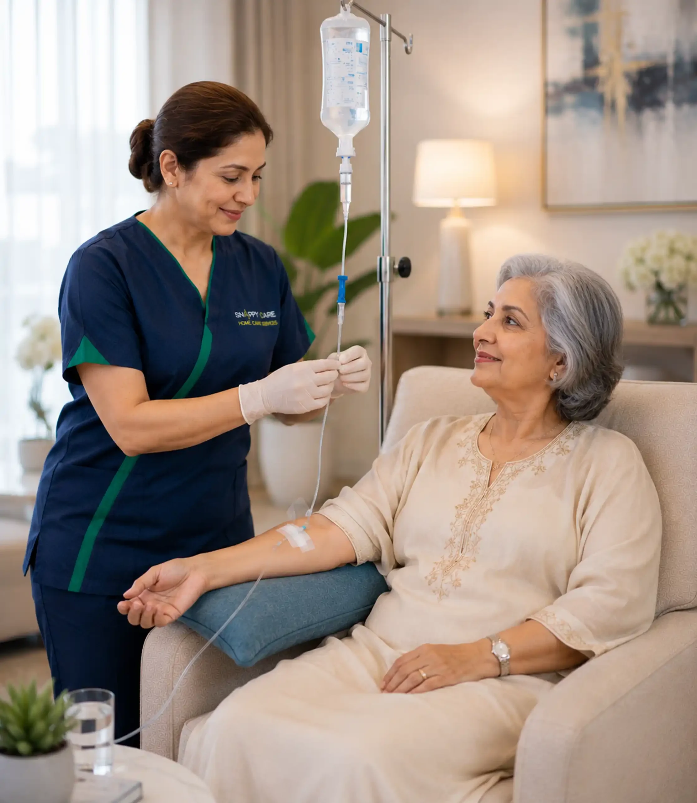 Caregiver assisting with IV Therapy Care at home