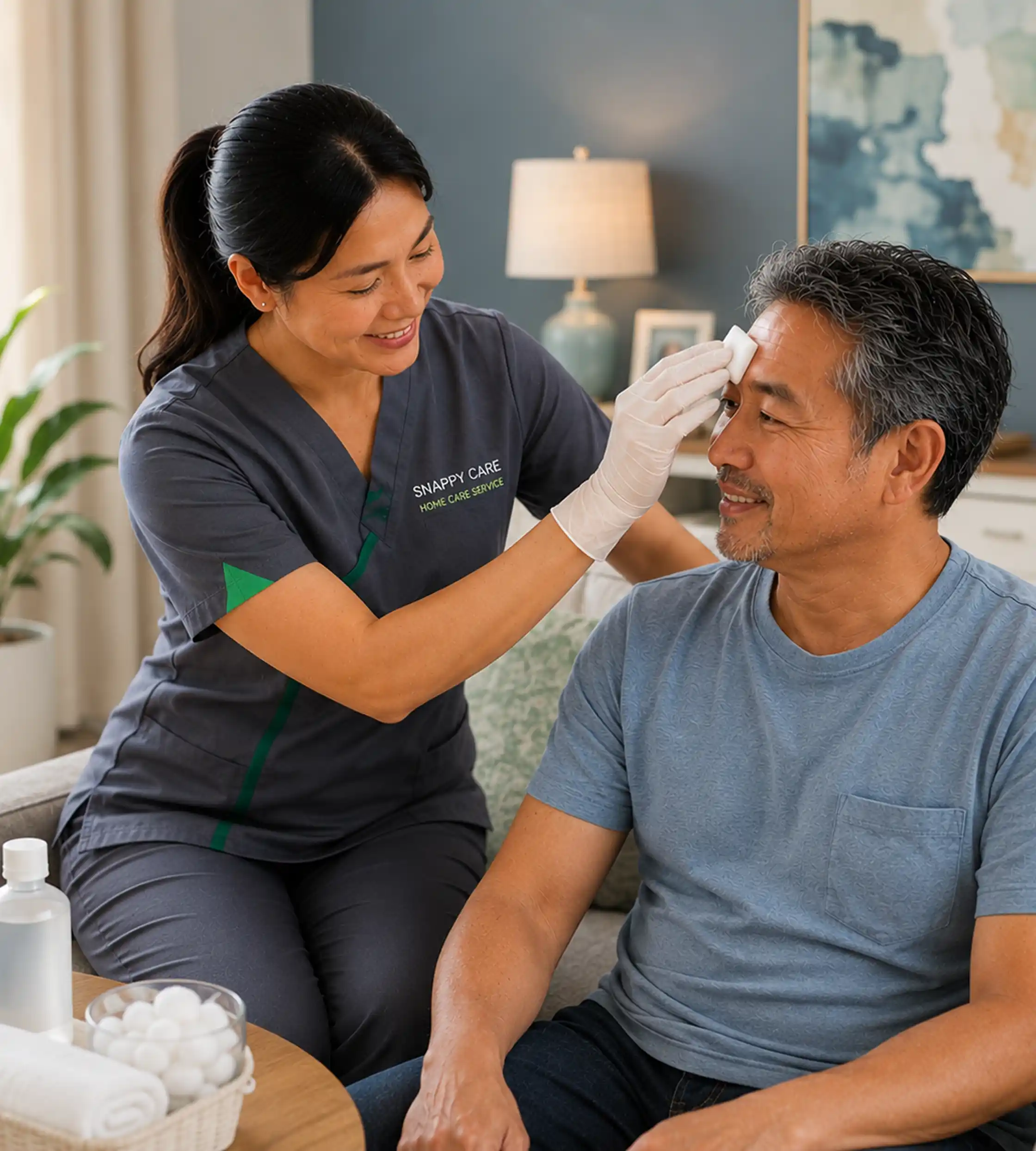 Caregiver assisting with wound care at home
