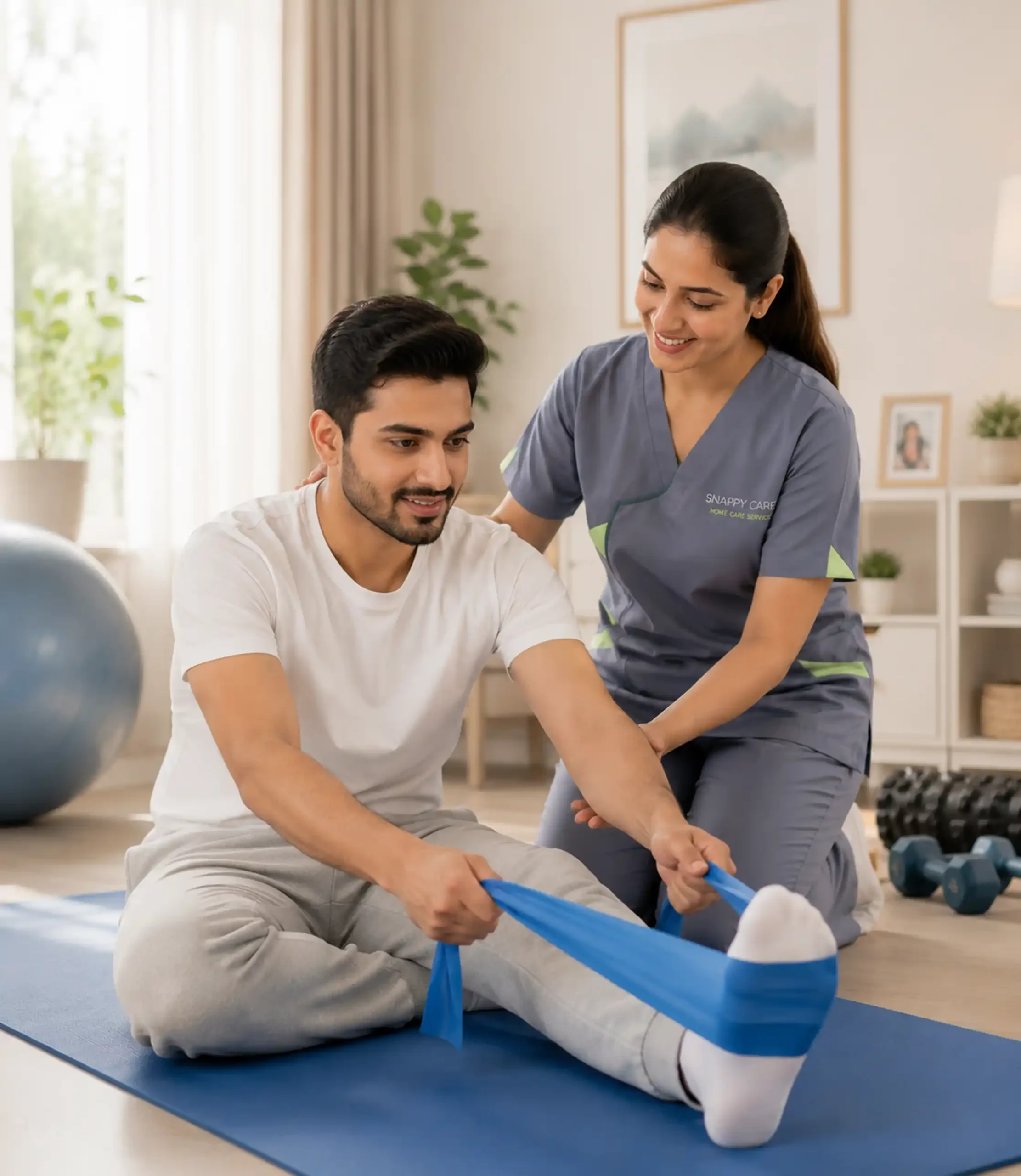 Caregiver assisting with physiotherapy care at home