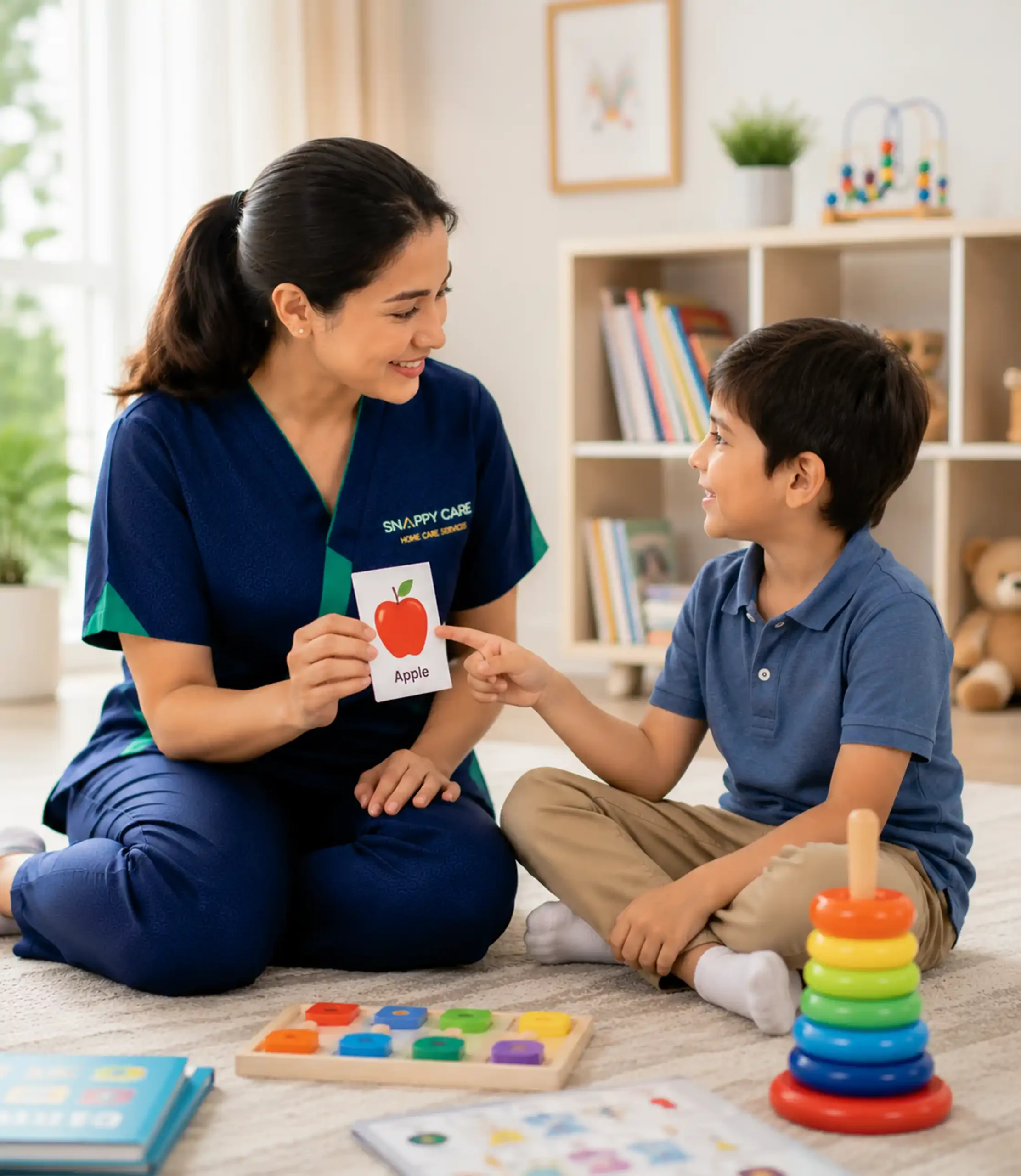 Caregiver assisting with autism care at home