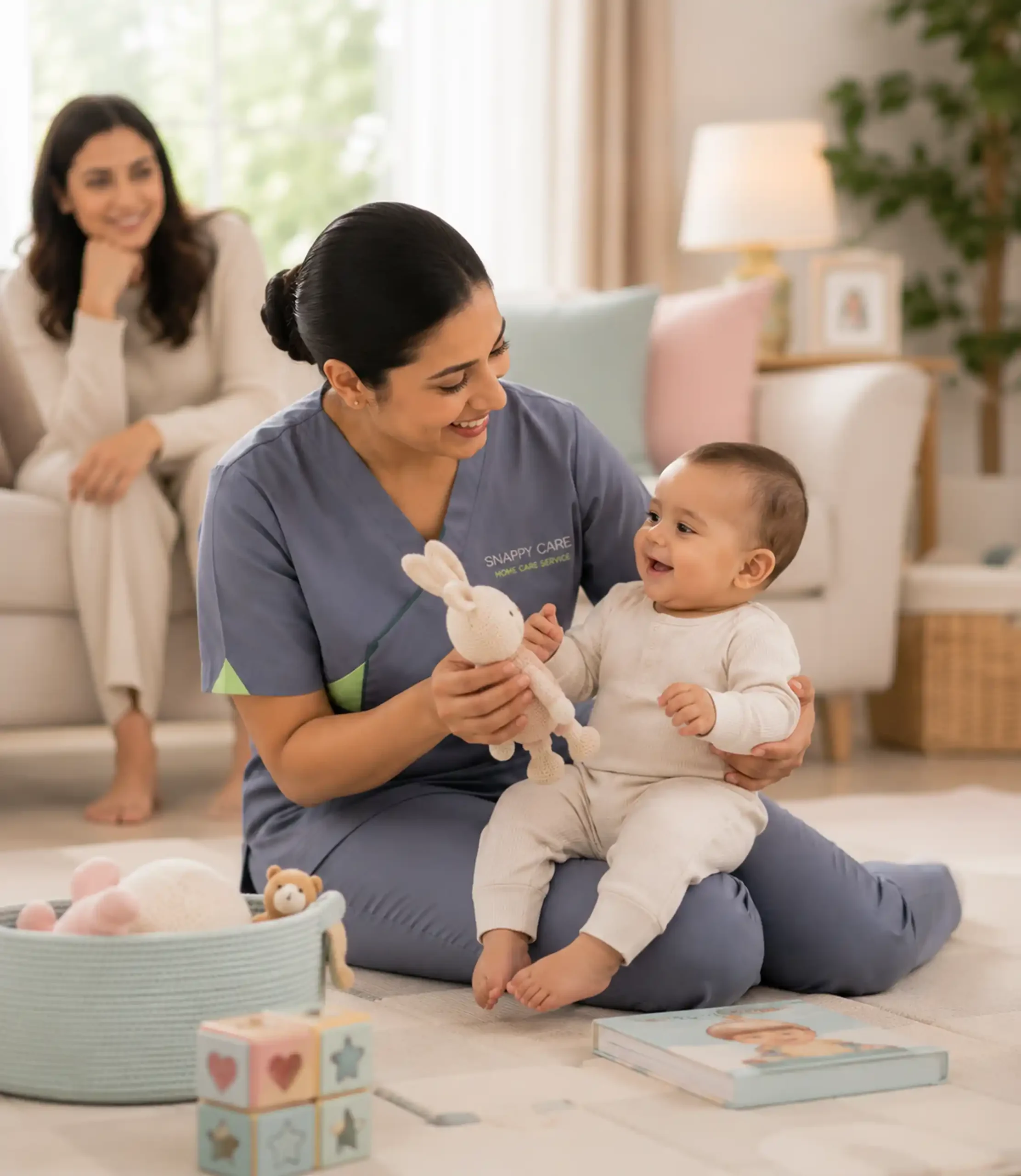 Caregiver assisting with baby care at home